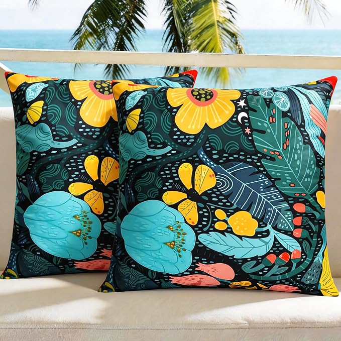 Outdoor Pillow Covers Waterproof Cushion Covers Patio Pillows Case 2 Pack | 18x18inch,Printed Boho Flowers,Seamless,Hidden Zipper,Machine Washable,Perfect decoration for Porch,Patio,Balcony