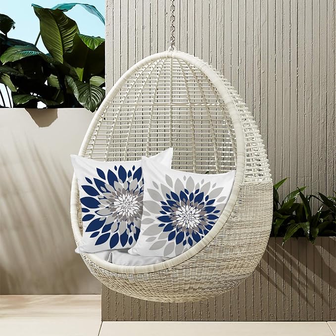 Dahlia Flower Outdoor Pillow Covers 18x18 Inch Set of 2 Waterproof Abstract Floral Summer Decorative Throw Pillow Covers for Patio Furniture Porch Couch Home Decor (Navy Blue Grey)