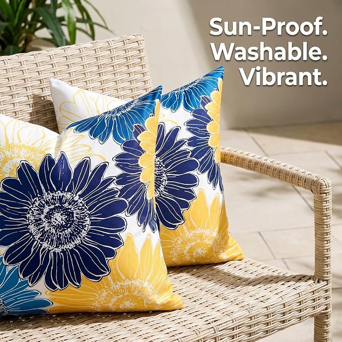Outdoor Pillow Covers Summer Waterproof Sunflower Throw Pillow Covers 20x20 Decorative Blue Yellow Floral Cushion Covers Square Garden Throw Pillowcase Set of 2 for Patio Furniture Tent Balcony Bench