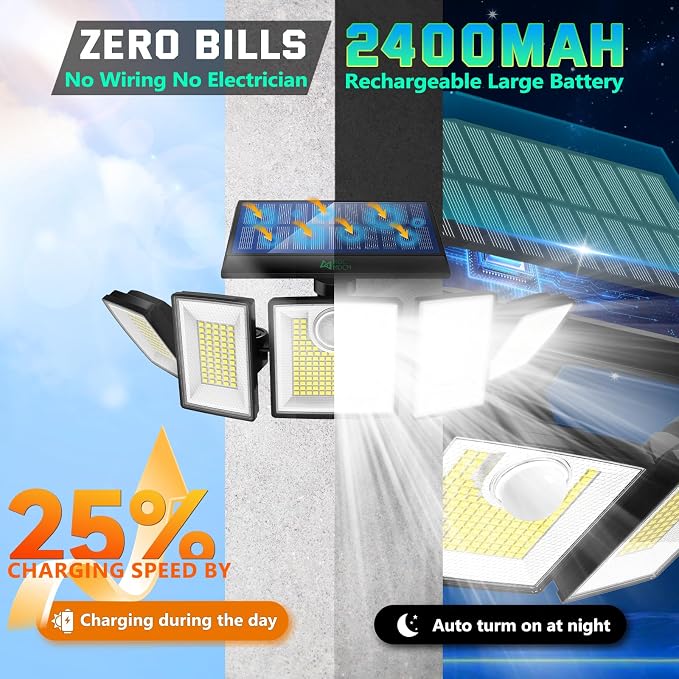 MDCMDCM Solar Lights Outdoor Waterproof Motion Sensor - 3000 Lumens 5-Head Adjustable Solar Flood Light, IP65 Waterproof Solar Security Light for Yard, Garage, Driveway, Garden(with Stakes, 4)