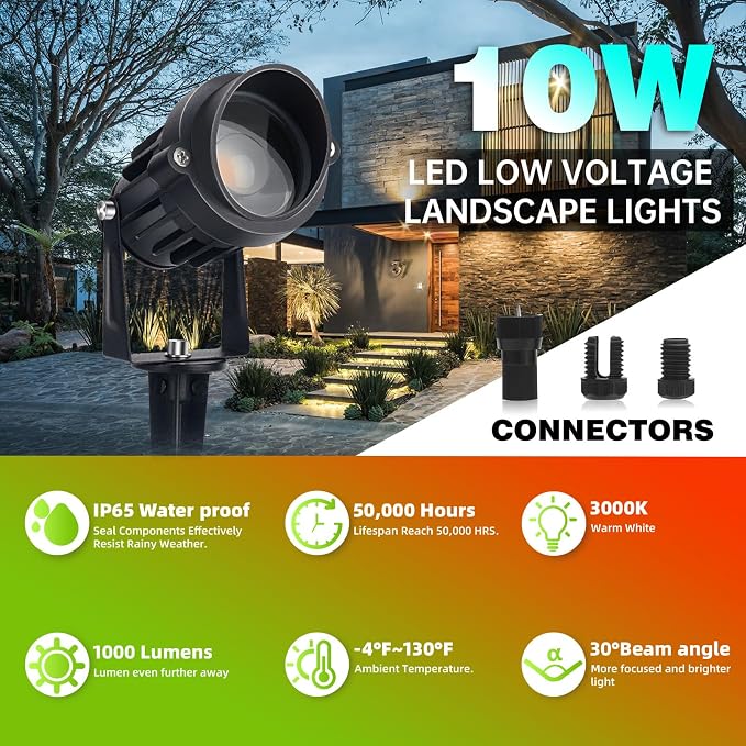 LAVAED 10W LED Landscape Lights 12V Outdoor Spotlight with Connectors Low Voltage Landscape Lighting Warm White Waterproof Yard Uplight(6 Pack)