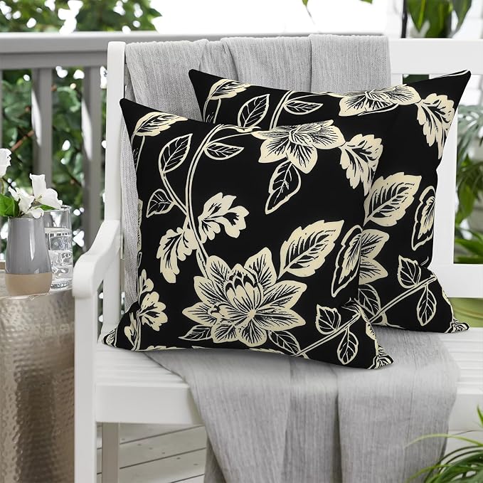 20x20 Inch Pack of 2 Patio Throw Pillow Covers ONLY, Water Repellent Cushion Cases, Square Pillowcases for Outdoor Couch Decoration, Elegant Vines Black