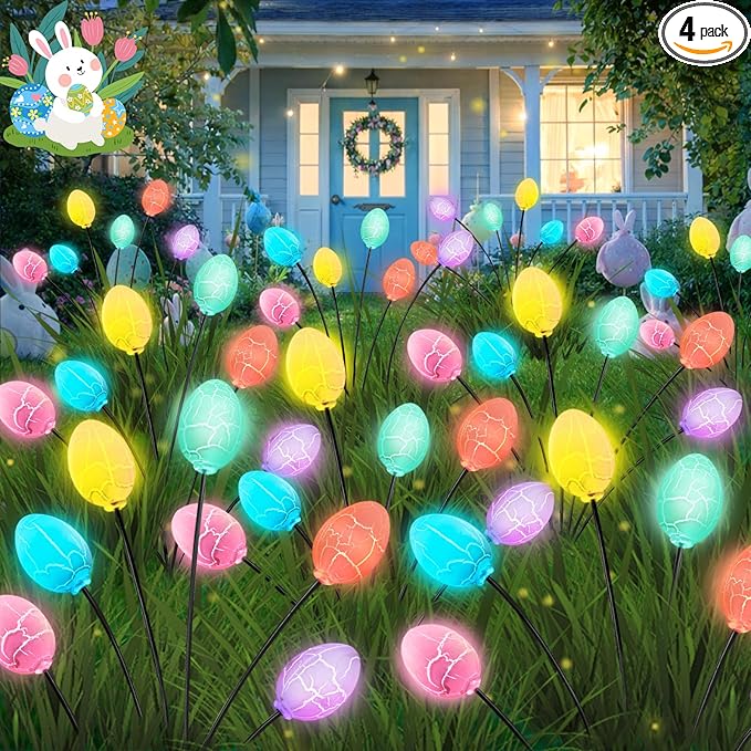 4 Pack Solar Easter Egg Lights, Firefly Lights Solar Outdoor Waterproof | 2 Lighting Modes Garden Lights, Sway with Wind, Solar lights Outdoor for Spring Lawn Yard Patio Porch Easter Decorations