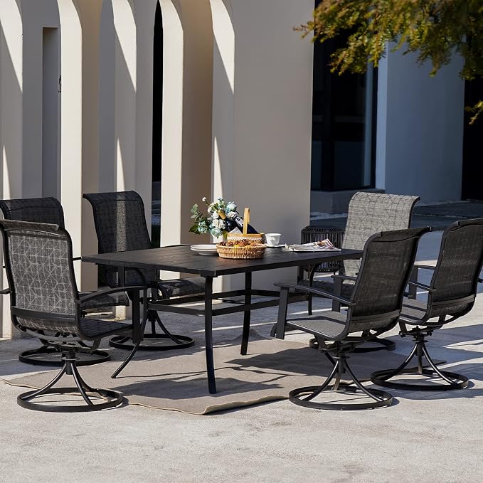 Grand patio 7-Piece Patio Dining Set for 6, Outdoor Dining Set with Swiviel Patio Chairs & 1 Rectangular Woodgrain Dining Table with Umbrella Hole, Black & Grey Plaid
