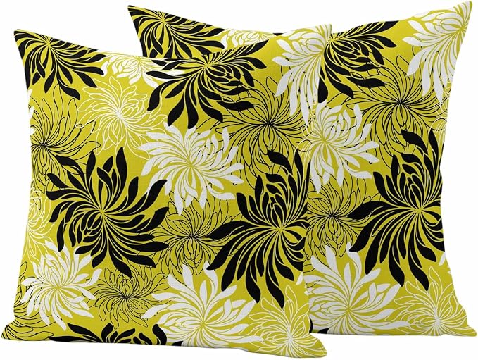 Yukro Yellow Black Floral Outdoor Waterproof Pillow Covers Pack of 2, Vintage Yellow White Black Flower Decorative Throw Pillowcases Cushion Covers for Garden Patio Tent Sofa Couch, 16x16 inch