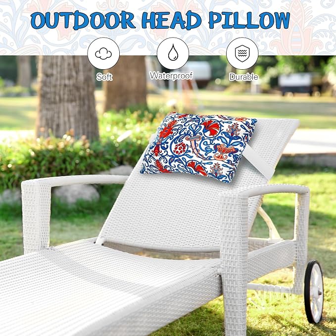 Lineshading 4 Pcs Chaise Lounge Pillow with Strap Outdoor Waterproof Pool Chair Neck Headrest Pillows with Adjustable Elastic Band for Beach Patio Chair Recliner(Orange Blue,Paisley)