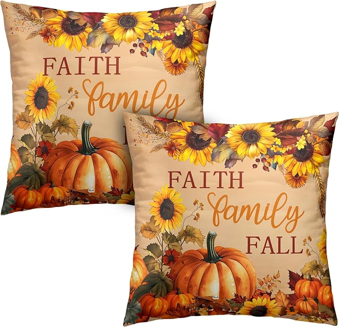 Fall Pillow Covers Pumpkin Sunflower Throw Pillow Covers Autumn Thanksgiving Harvest Pillow Case 20x20 Set of 2 Double Sided Printing Cushion Case for Couch Sofa