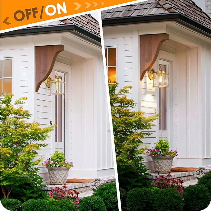 MATAMEYE Outdoor Wall Lantern, Exterior Waterproof Wall Sconce Light Fixtures, Gold Front Door Lighting with Clear Beveled Glass Shade, 2 Pack