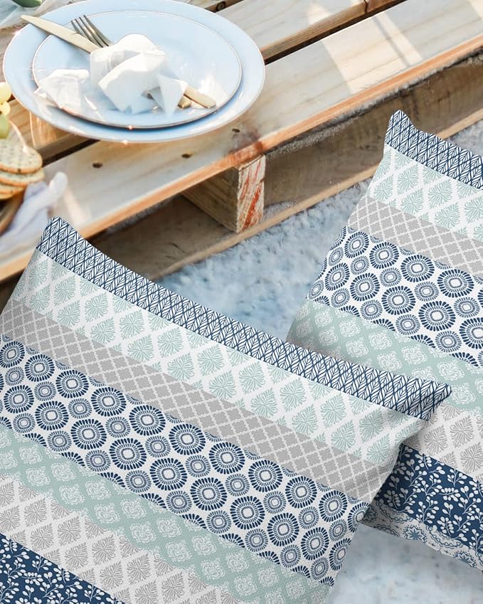 Outdoor Waterproof Throw Pillow Covers Set of 2 Blue Boho Stripe Tribal Vingtage Lumbar Pillowcases 24x24 Inches Bohemian Style Decorative Pillows Cushion Case Patio Pillows for Couch Bed Garden