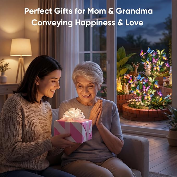 Solar Lights Outdoor Garden Decor: 2 Pack 34 Silk Butterflies with 44 Color-Changing LEDs - Auto On/Off 12H Magical Lighting IP65 Waterproof for Yard Patio Pathway - Unique Gifts for Mom Grandma