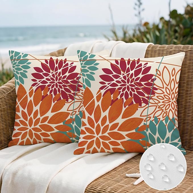 OTOSTAR Outdoor Orange Red Pillow Covers 20x20 Inch Set of 2 Cyan Flower Throw Pillows Farmhouse Geometric Dahlia Floral Square Cushion Case Waterproof Decor for Sofa Patio Funiture Garden