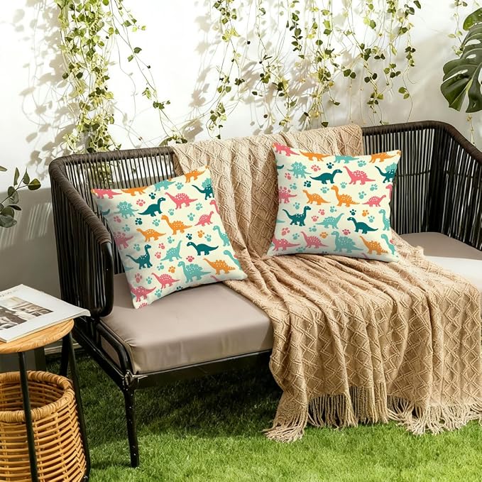 18x18 Inch Outdoor Pillow Covers Set of 2 Waterproof Throw Pillow Covers Decorative Couch Cushion Covers Colorful Dinosaurs Footprint Square Pillowcases Protectors for Patio Garden Sofa
