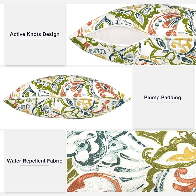 Outdoor Throw Pillows 16x16 Inch, Water Repellent Patio Pillows with Inners Set of 2 for Patio Furniture Home Graden, Paisley Botanical