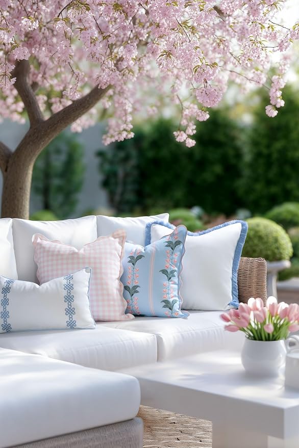 Hofdeco Premium Grandmillennial Patio Indoor Outdoor Lumbar Pillow Cover Only, 12"x20" Water Repellent for Backyard, Couch, Poolside, Baby Blue Embroidered Chinoise Lucky Knots