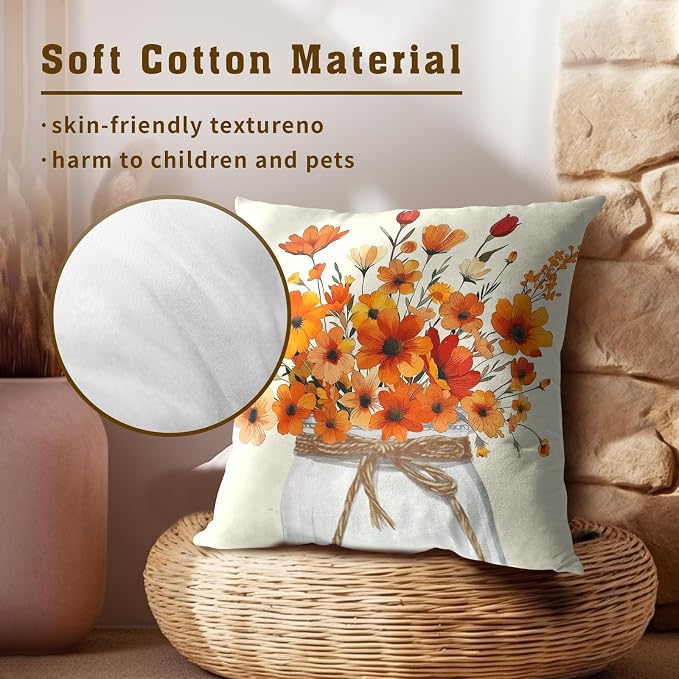 Orange Floral Throw Pillow Covers 22x22 Inch Set of 2, Colorful Autumn Fall Flowers Decorative Throw Pillowcase Cushion Cover Farmhouse Decor for Sofa Couch Bed