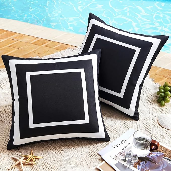 Pyonic Outdoor Waterproof Throw Pillow Covers 18 X 18 Inches Black and White Geometric Modern Pillow Covers for Patio Garden Porch Set of 2