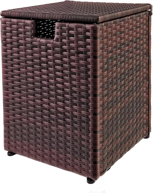20 LB Wicker Propane Tank Cover Table, Weatherproof Outdoor Propane Tank Hide with Adjustable Feet,Perfect for Backyard, Balcony and Poolside（Brown）