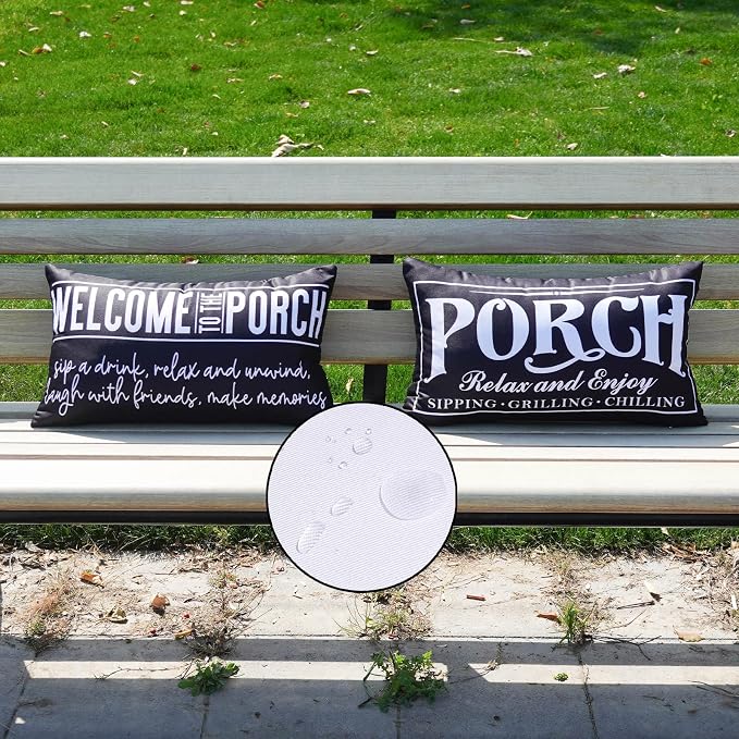 Welcome Porch Outdoor Pillow Covers 12x20 Inch Waterproof Black Decorative Throw Pillows for Patio Furniture Garden Cushion Case Bench Decor