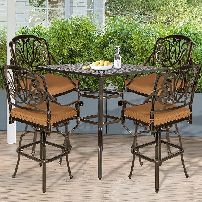 Outdoor Cast Aluminum Bar Table, 35.4" Patio Bar Height Table with 2.2" Umbrella Hole, All Weather High Top Bistro Square Dining Table for Outside Deck Porch Balcony Poolside, Dark Bronze