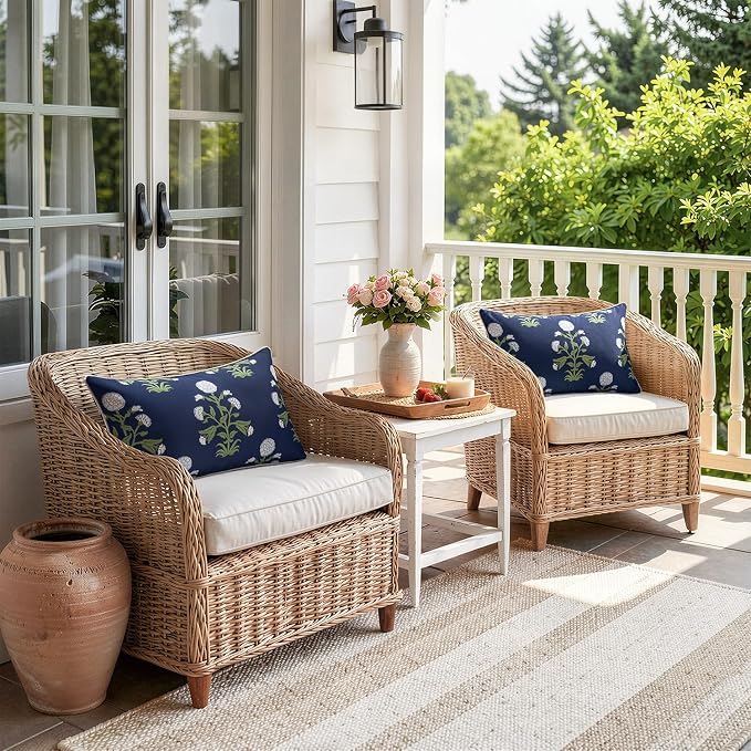 MIULEE Floral Outdoor Lumbar Pillow Covers with Inserts 12x20 Navy Blue | Set of 2 Waterproof Decorative Throw Pillows with Piping,Vintage Fade Resistant, Patio Furniture Summer Garden Couch Sofa
