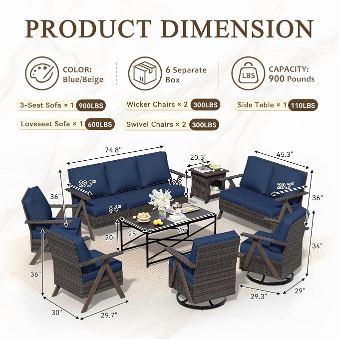 8 Pieces Patio Furniture Set,Outdoor Loveseat Sofa & High Back Swivel Rocker Patio Chairs, Wicker Conversation Set with Coffee Table and Side Table for Deck Yard and Poolside