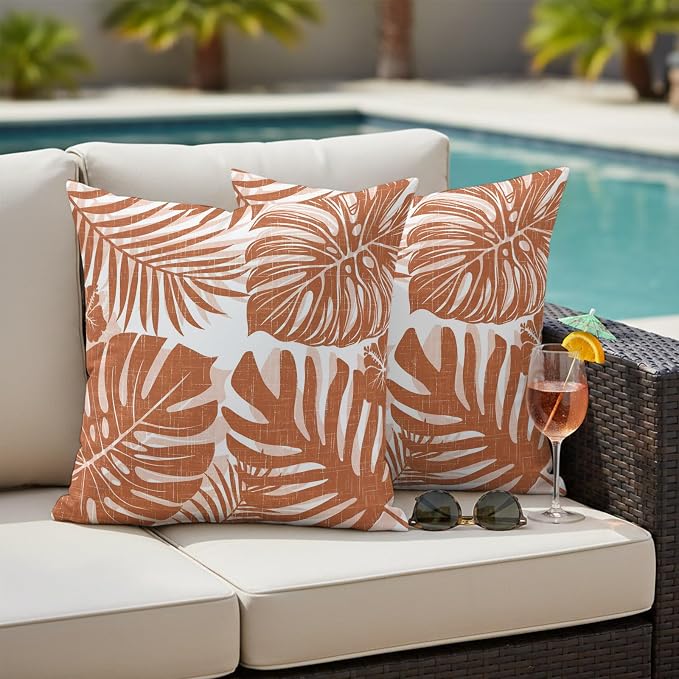 Burnt Orange Palm Leaves Outdoor Pillow Covers 18"x18" Set of 2, Tropical Botanical Minimalist Modern Waterproof Throw Pillow Covers for Patio Furniture, Decorative Cushion Covers for Porch