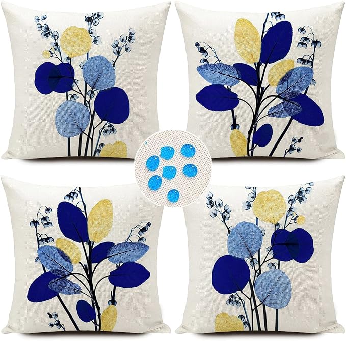 Outdoor Pillow Covers Navy Blue Leaves Waterproof Throw Pillows Case 18x18 inch Set of 4 Garden Patio Furniture for Home Sofa Decorative