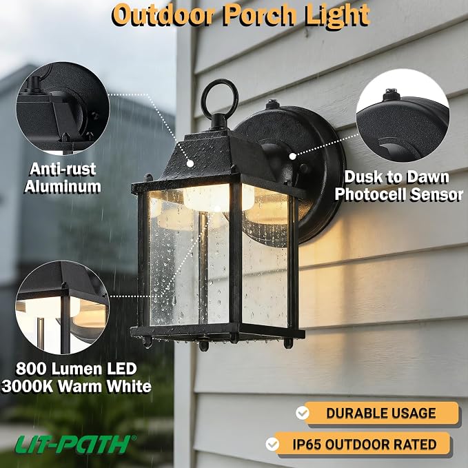Outdoor Wall Light Fixture Dusk to Dawn, Rustproof Aluminum, LED | Exterior Porch Light Wall Sconce Lantern for House, Patio, Garage, Waterproof, Glass, 9.5W 800 Lumen, 3000K, Black, 1 Pack