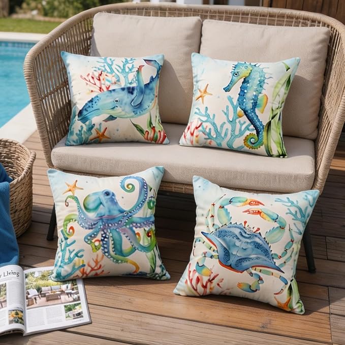 Coastal Outdoor Pillow Covers 18x18 Waterproof, Nautical Beach Throw Pillow | Coastal Room Decor, Nautical Decor for Home, Beach Themed Room Decor, Outdoor Throw Pillows for Beach Chair Porch Patio