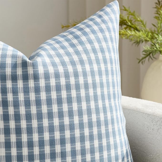 Light Blue and White Outdoor Waterproof Throw Pillow Covers 20x20 Set of 2, Gingham Couch Pillow Cases, Plaid Farmhouse Cushion Covers for Patio Summer Coastal Decor
