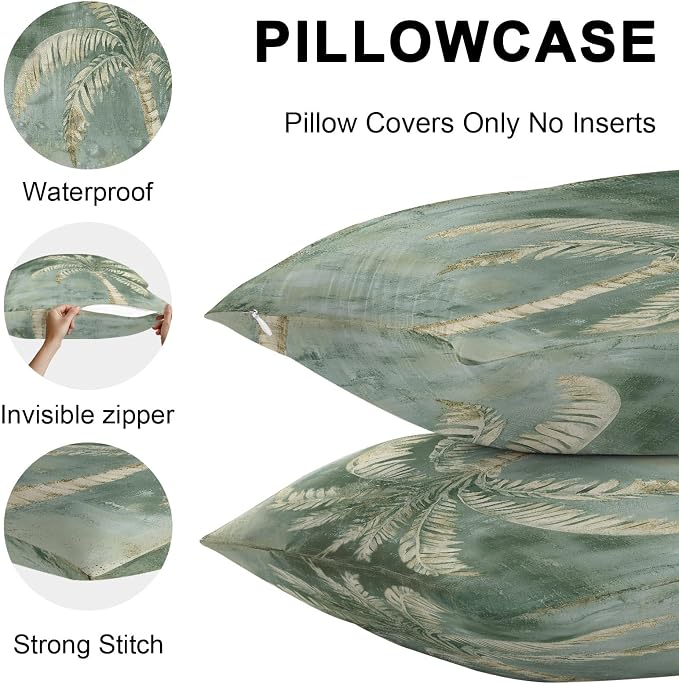 Coastal Beach Tree Sage Green Outdoor Waterproof Pillow Covers, Vintage Summer Palm Tree Decorative Square Throw Pillowcase, Tropical Botanical Sofa Cushion Sham for Patio/Couch/Chair, 18"x18" 2 Pack