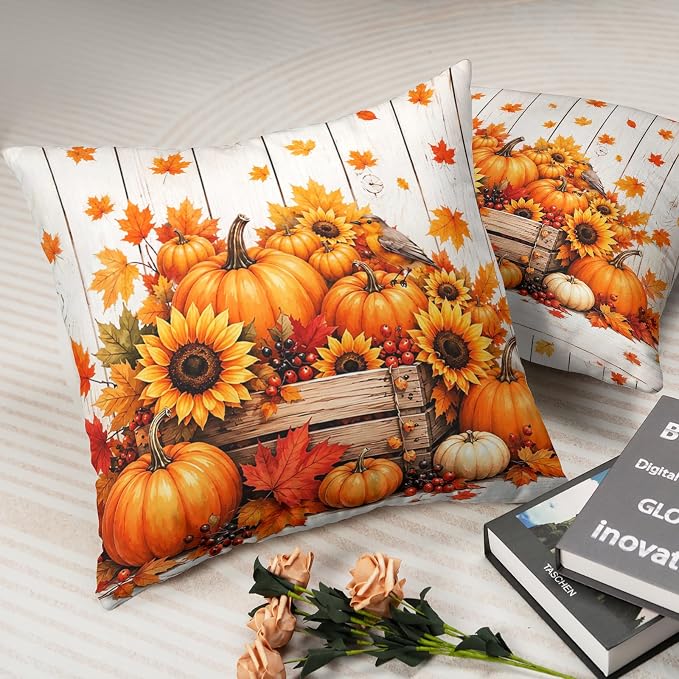 Pumpkin Pillow Covers Autumn Maple Leaf Throw Pillow Covers 20x20 Set of 2 Fall Pillow Cases Thanksgiving Berry Sunflowers Cushion Cases for Home Bedroom Living Room Patio