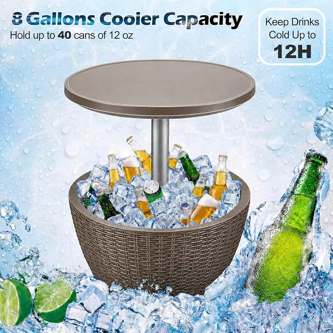 LDAILY Outdoor Cooler Table, Patio Cooler Table with 8 Gallon Capacity, Adjustable Height, Rattan Style Patio, Drain Plug, Cooler Side Table Outdoor for Poolside, Deck, BBQ & Parties(Light Brown)