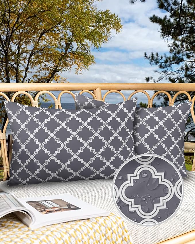Outdoor Waterproof Pillow Covers for Patio Furniture Moroccan Pattern Decorative Throw Pillow Cover Dark Grey Pillowcases Set of 2 Cushion Case for Sofa Couch Chair Home Decor 20x12 inch
