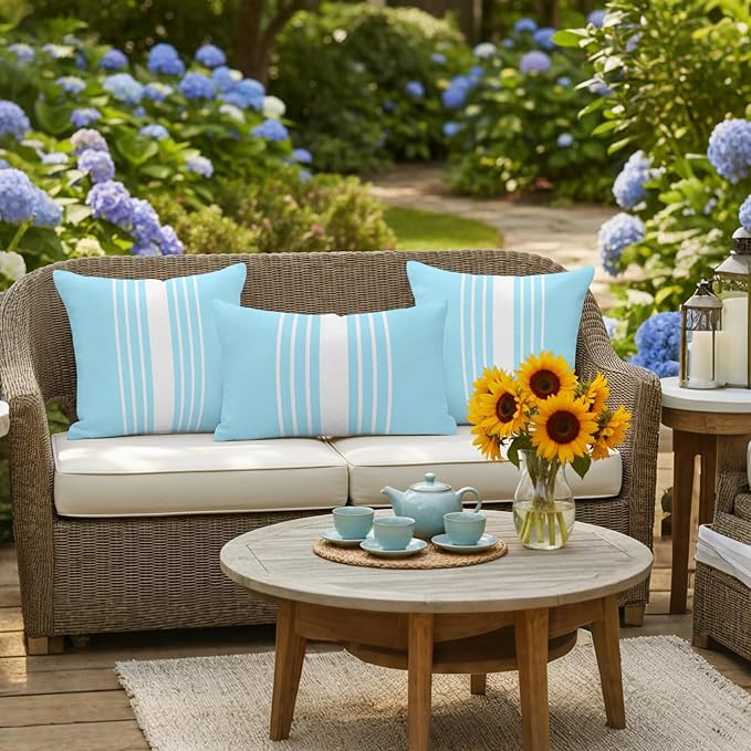 Aqua White Stripe Outdoor Pillow Covers 18x18 Inch Throw Pillow Covers Set of 2 Waterproof Decorative Pillow Cases Modern Rustic Vertical Striped Cushion Covers for Patio Furniture Garden Couch Sofa