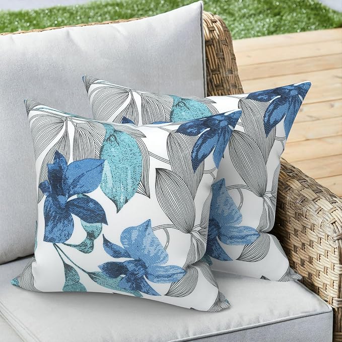 Outdoor 16x16 Inch Throw Pillow Covers Set of 2, All Weather Square Pillow Cases, Patio Cushion Pillow of Home Furniture Use, Clemens Noir Blue
