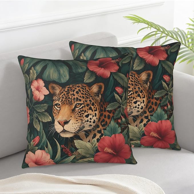 Pack of 2 Leopard Floral Pillow Covers 24x24 Tropical Palm Monstera Leaves and Hibiscus Flower Throw Pillow Covers Hawaiian Jungle Cheetah Pillow Cases for Patio Sofa Couch