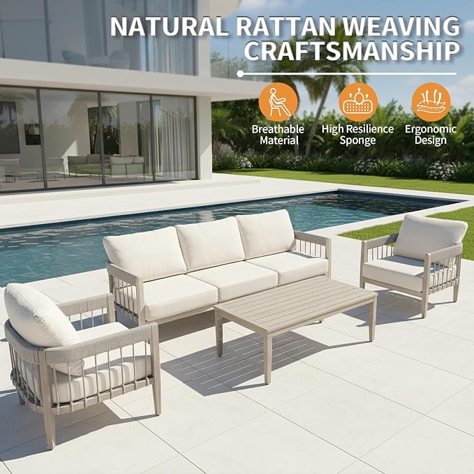 2-Piece Outdoor Sofa Set, Never-Rust Aluminum Patio Armchairs with Hand-Woven Rope & Thick Cushions, Faux Wood Grain Finish Balcony Outdoor Sofa Chairs for Garden, Deck, Porch