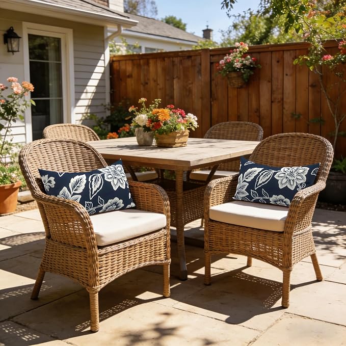 LVTXIII Set of 2 Patio Lumbar Pillow Covers ONLY, 12" x 20" Fade Resistant Outdoor Lumbar Pillow Cases,Decorative Garden Lumbar Cushion Covers for Patio Coach Sofa Use, Elegant Vines Navy