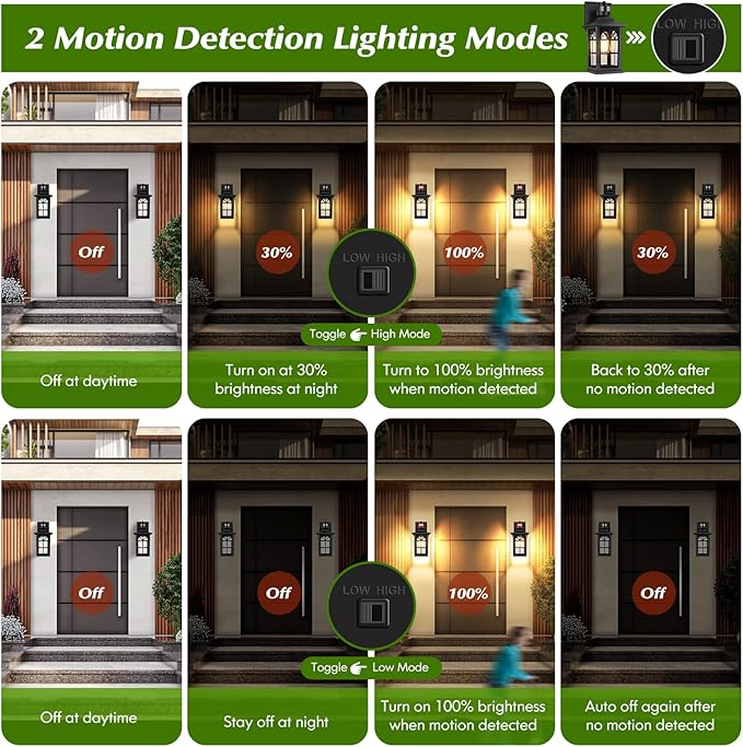 2-Pack Motion Sensor Outdoor Wall Lights, Modern Porch Lights | Auto ON/OFF, 3 Lighting Modes, Waterproof, Rust-Resistant, Aluminum Frame & Sturdy Glass, Easy to Install