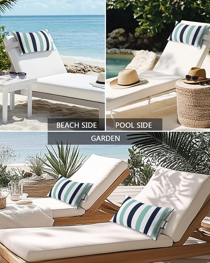 Outdoor Pillows Waterproof Covers Set of 2, Navy Blue Teal Stripes Adjustable Elastic Chaise Lounge Headrest Pillow Covers, Contrast Striped Lumbar Pillow for Pool Patio Furniture 20x12 Inch