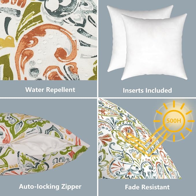 LVTXIII 2 Pack Outdoor Pillows 18x18 Inch, Square Throw Pillows with Inserts, Decorative Water-Repellent Pillow Cushions for Patio Furniture and Garden Sofa, Paisley Botanical