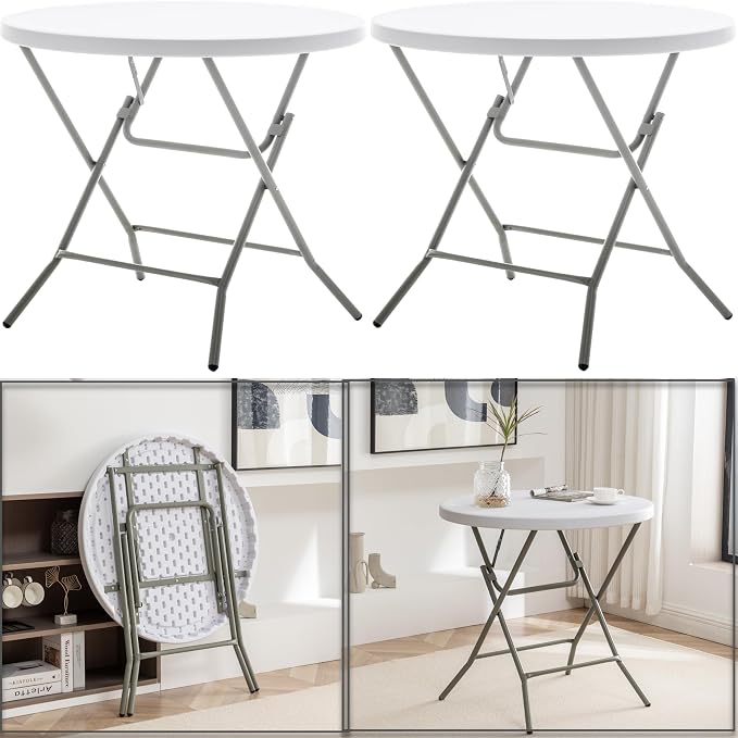 BTEXPERT White 2.63 Foot Round Plastic Folding Table 30" Height Folding Commercial Portable for Banquet Card Coffee Dining Wedding Party Event Home Kitchen Outdoor Thick Top Metal Frame Set of 2
