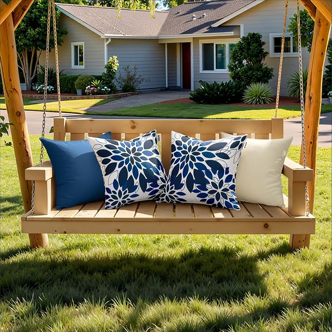Floral Outdoor Pillow Covers Navy Blue 18x18 Set of 2 | Waterproof Throw Pillow Cases Spring Decorative Summer Cushion Covers for Patio Furniture Garden Bench Porch Sofa