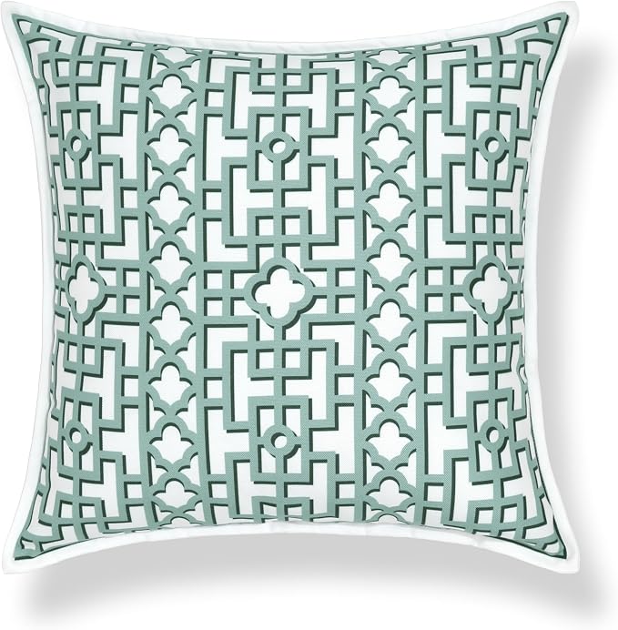 Hofdeco Premium Coastal Hampton Patio Indoor Outdoor Throw Pillow Cover Only, 20"x20" Water Repellent for Backyard, Couch, Poolside, Forest Green Print Fretwork Trellised Screen