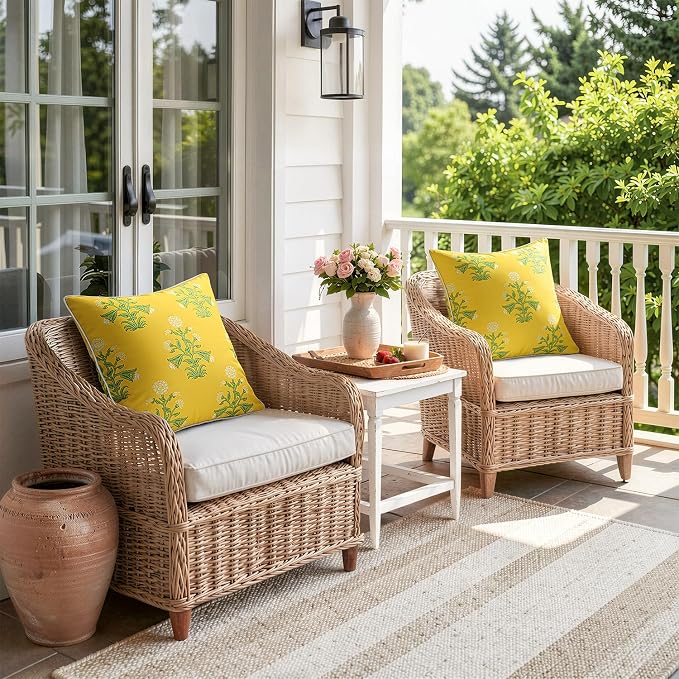 MIULEE Floral Outdoor Pillows Covers with Inserts 18x18 Yellow | Set of 2 Waterproof Decorative Throw Pillows with Piping,Vintage Fade Resistant, Patio Furniture Summer Garden Couch Sofa
