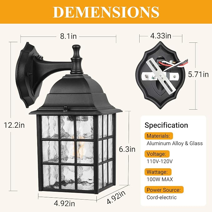 WIHTU Dusk to Dawn Outdoor Wall Lights 2Pack, Classic Exterior Porch Light | Aluminum Frame, Water Rippled Glass, Waterproof, E26, Sensor Exterior Lighting Fixtures, Wall Sconce For Garage, Front Door