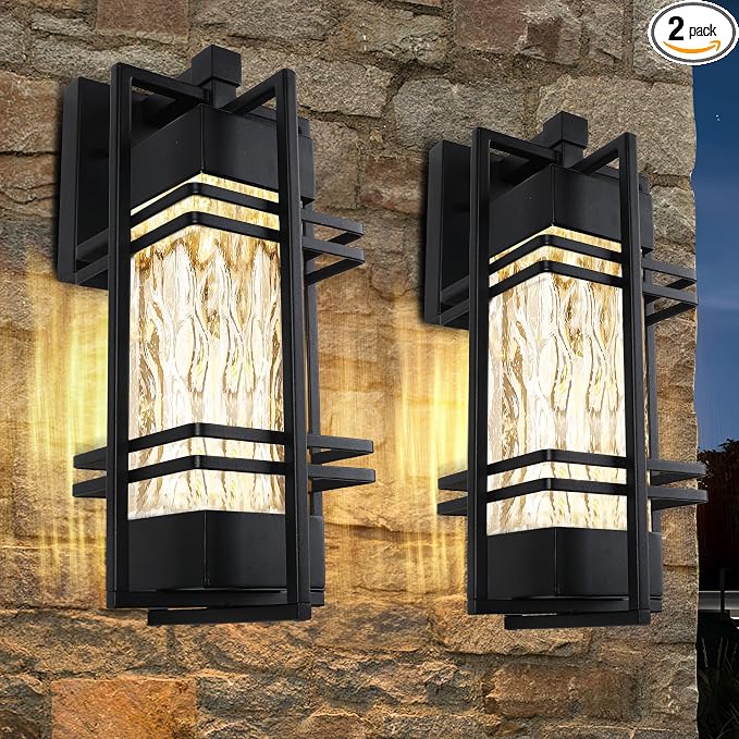 15" Outdoor Porch Light Fixtures Wall Mount, Modern Lantern Lamp,Black | Water Ripple Glass, Rustproof Metal Frame, Waterproof,E26 Base, T30 Bulbs Included, Wall Lantern for Porch, Garage