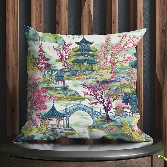 Chinoiserie Pagoda White Coral Blue Asian Pillow Cover Chinoiserie Chic Asian Pillowcase 26x26 INAbstract Accent Decorative Cushion Cases Home Decor for Patio Furniture Tent Garden