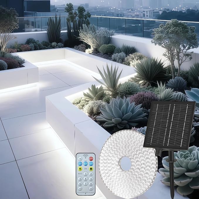 Gaoxun 50ft Solar LED Strip Lights Outdoor, 960 LED, Cool White Flexible Rope Light with Remote Control, Dimmable, 8 Modes, IP68 Waterproof Self-Adhesive Accent Lighting for Step Camping Pathway Decor